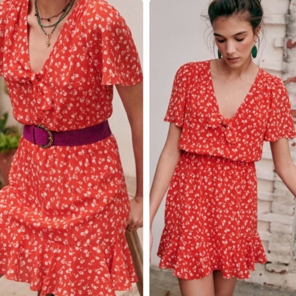 SEZANE‎ GIGI DRESS SILK Red MINI FLOWERS Romantic SIZE 34 US 2